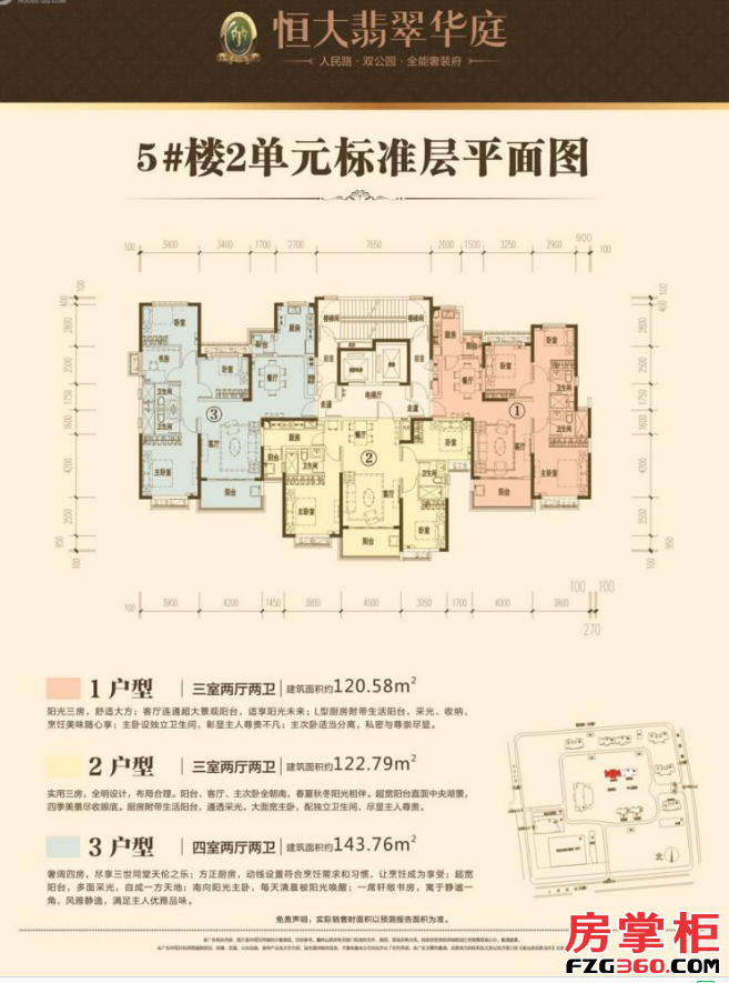 恒大翡翠华庭5#楼2单元标准层平面图 1—3户型